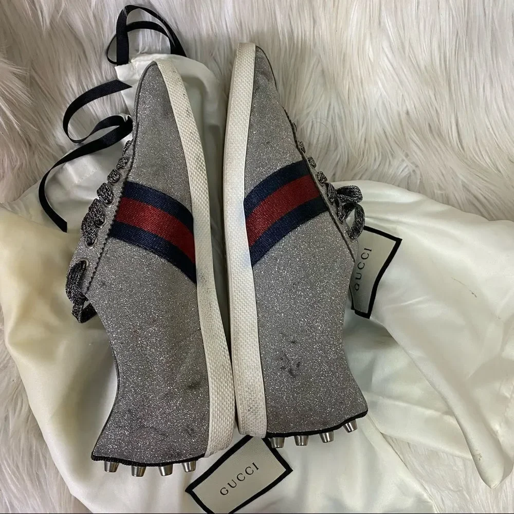 GUCCI Silver Metallic Glitter Web Leather Sneakers With Studs #414684 Size 9